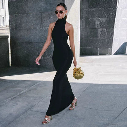 Ins-style half-neckless sleeveless dress for women, sexy chick, stretch fabric, high-waisted, elegant, knee-length dress
