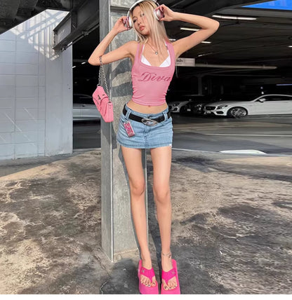 Round-cut diamond letter print square-necked halter-style tank top for women - summer sexy base layer, form-fitting short top