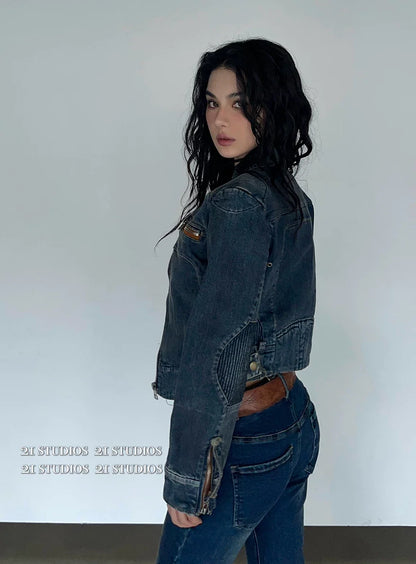 Retro Spring Denim Jacket for Women - Short Sleeve Coat - Denim Pants Set