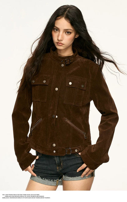 Brown suede collar coat for women, 2026 spring autumn new style, retro short style motorcycle jacket