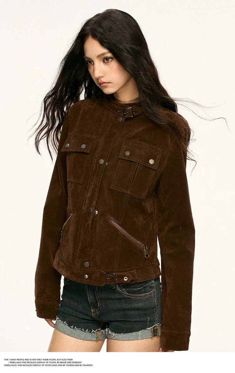 Brown suede collar coat for women, 2026 spring autumn new style, retro short style motorcycle jacket