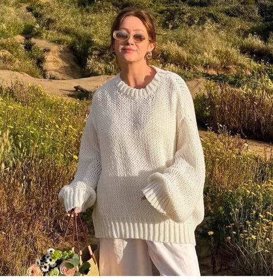 Fall new round-neck loose casual long-sleeved sweater - versatile for outerwear, lightweight semi-transparent trendy top