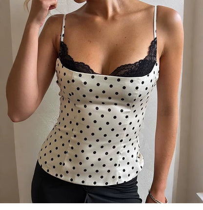 Sexy fit. Unique fashion. Lace patchwork with polka dots. Stretchable halter-necked top for women.