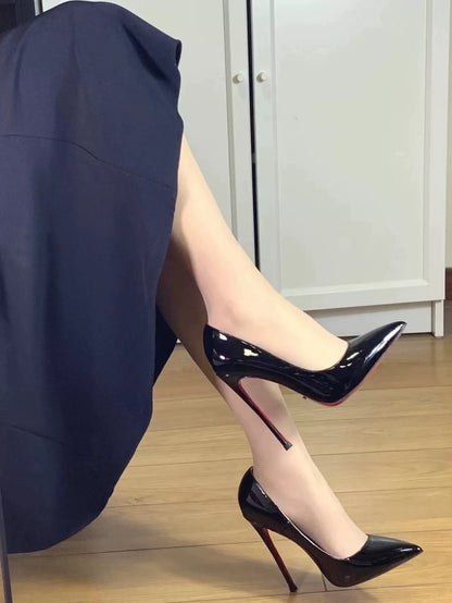 Red-bottom high-heeled shoes for women, black leather, sexy, fine heel, pointed toe, popular among netizens, with a niche style, belonging to a high-class lady.