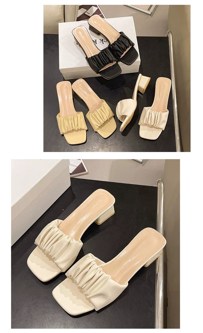 Round-toe thick-soled summer new style fashionable and versatile pleated wedge flip-flop shoes for women to wear outside.
