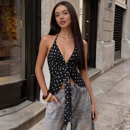 Sexy girl style round-neck polka-dot halter top for women with a pure erotic vibe, featuring a low-cut and twisted design with exposed back.
