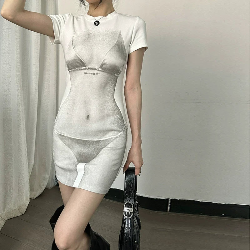 Perspective effect bikini print short-sleeved dress for women - summer high-waisted slimming figure-hugging short skirt