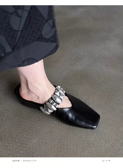 Sheepskin version ~ Versatile high-heel metal black beanie shoes for women, one-piece leather wedge square toe half-toe slippers