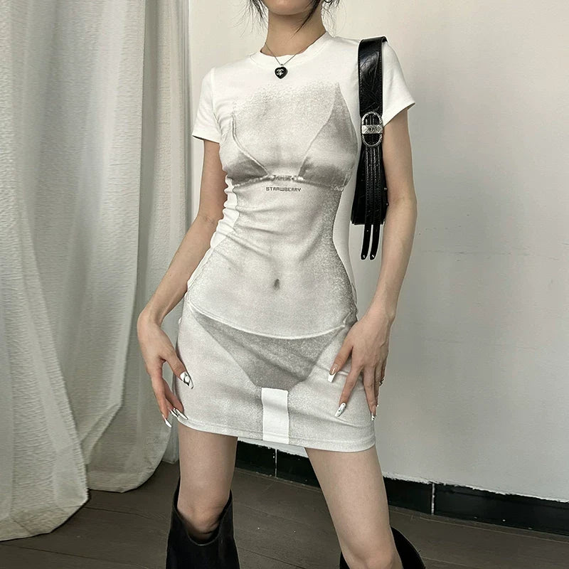 Perspective effect bikini print short-sleeved dress for women - summer high-waisted slimming figure-hugging short skirt