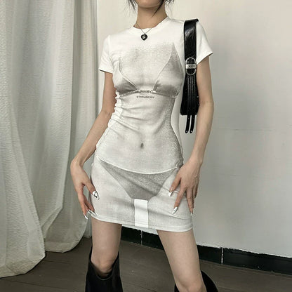 Perspective effect bikini print short-sleeved dress for women - summer high-waisted slimming figure-hugging short skirt